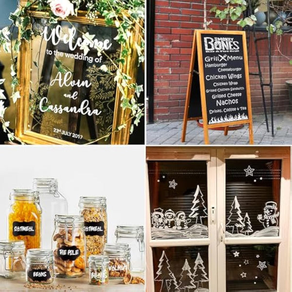 AOSUCO White Chalk Pens, Washable Liquid Chalk Pens for Blackboards, Window, Glass, Chalkboard, Jars, 4 Pack Chalk Markers (3mm & 6mm Reversible Tip) with 45 Labels, Wipeable Blackboard Pens