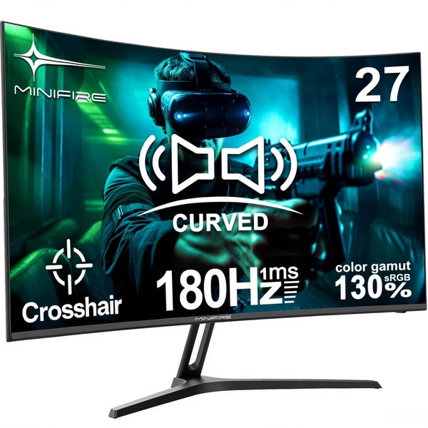 Minifire 27 Inch Gaming Monitor, 180Hz, Curved Gaming Monitor, Built in Speaker, Crosshair, 1Ms, sRGB130%, FHD 1080P Computer Screen, VESA Compatible, Eye Care Adaptive Sync HDMI＆DP Prots （MFG27C1 ）