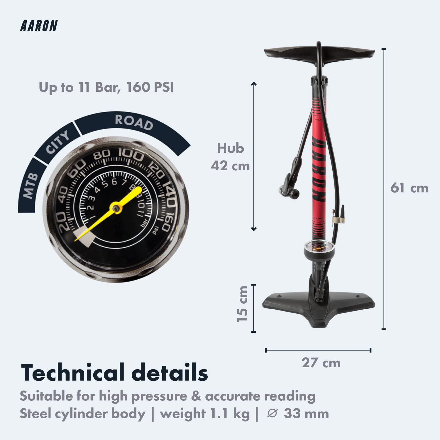 AARON - Sport One Bike Floor Pump with Pressure Gauge - Suitable for all Valves - High-Pressure Bike Pumps Incl. Ball Attachment - Pump for E-bike,