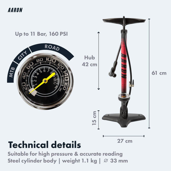 AARON - Sport One Bike Floor Pump with Pressure Gauge - Suitable for all Valves - High-Pressure Bike Pumps Incl. Ball Attachment - Pump for E-bike,