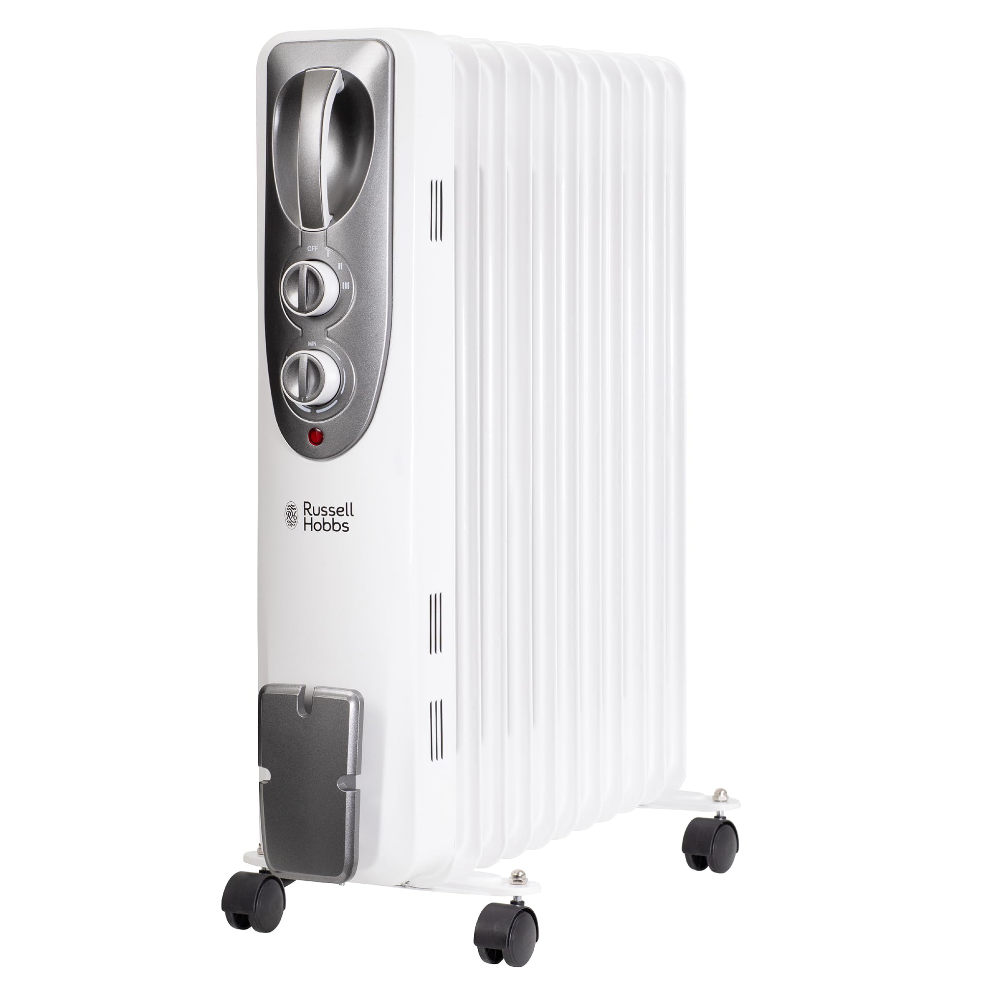 Russell Hobbs 2500W Oil Filled Radiator, 11 Fin Portable Electric Heater in White, Adjustable Thermostat with 3 Heat Settings, Overheat Protection,
