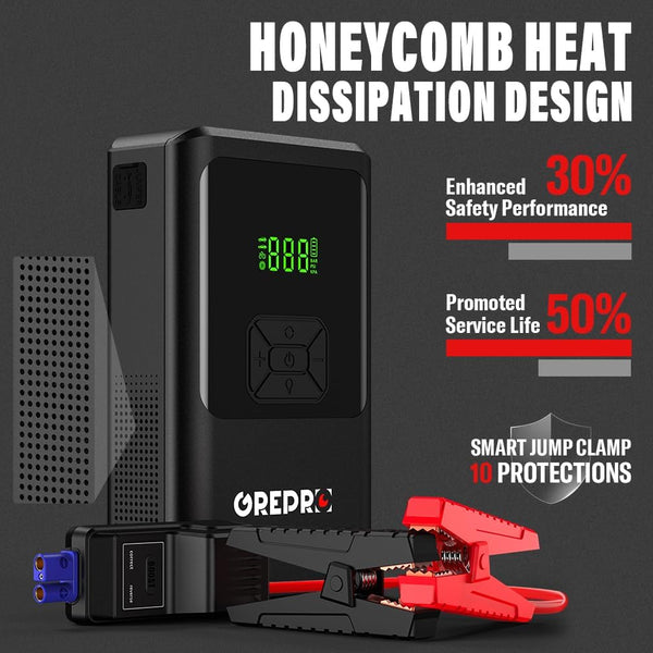 GREPRO 5-in-1 Jump Starter Power Pack with 150PSI Air Compressor (Up to 10.0L Gas,8.0L Diesel), Car Jump Starter for 12V Vehicle, 3000A Jump Pack with Digital Display, LED Flashlight