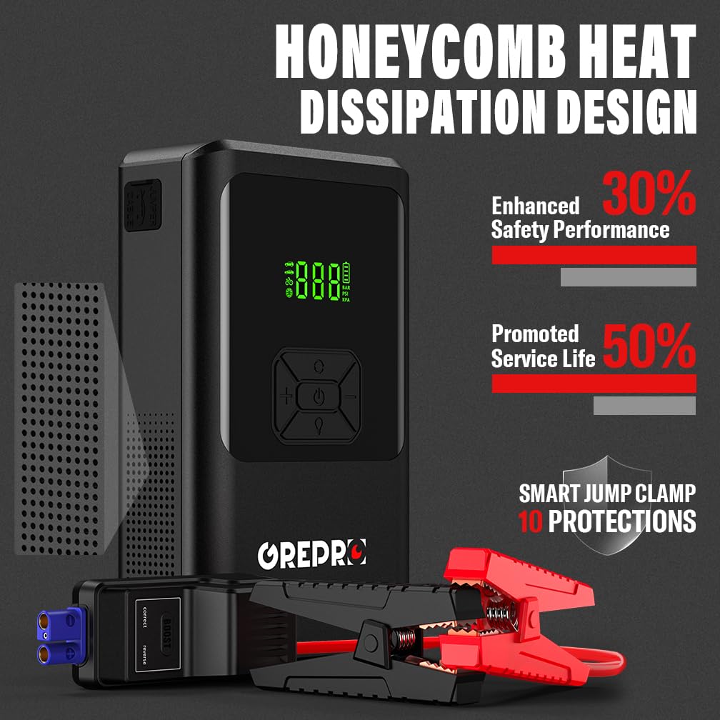 GREPRO Jump Starter Power Pack (up to 6.5L Gas, 4.0L Diesel), Car Battery Booster Jump Starter and Jump Pack for 12V Vehicles, Motorcycle, Battery Booster with LCD Screen and LED Flashlight
