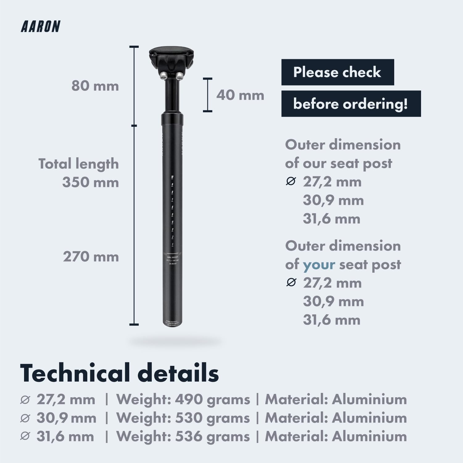 AARON - Spring Suspension Bike Seat Post - Aluminum Saddle Seatpost for E Bicycle, MTB, Trekking Bikes, City Bikes - 31.6mm Diameter, 13.8" (350mm)