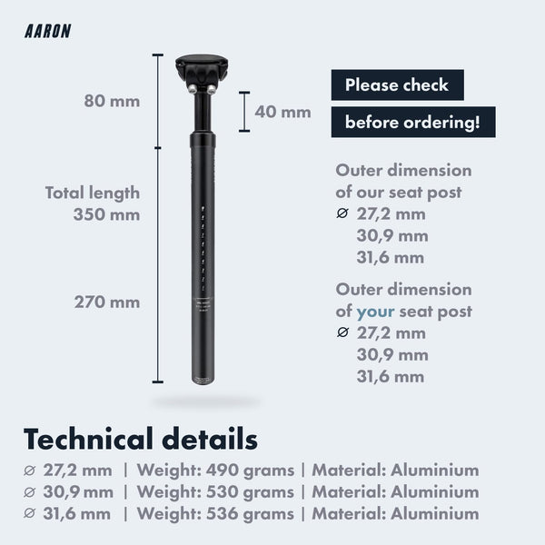 AARON - Spring Suspension Bike Seat Post - Aluminum Saddle Seatpost for E Bicycle, MTB, Trekking Bikes, City Bikes - 31.6mm Diameter, 13.8" (350mm)