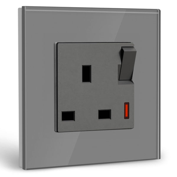 BSEED Double Socket 13A with LED Indicator, Double Switched Wall Socket 2 Gang UK Standard, Electric Switched Plug Power Wall Outlet with Glass Panel, Grey