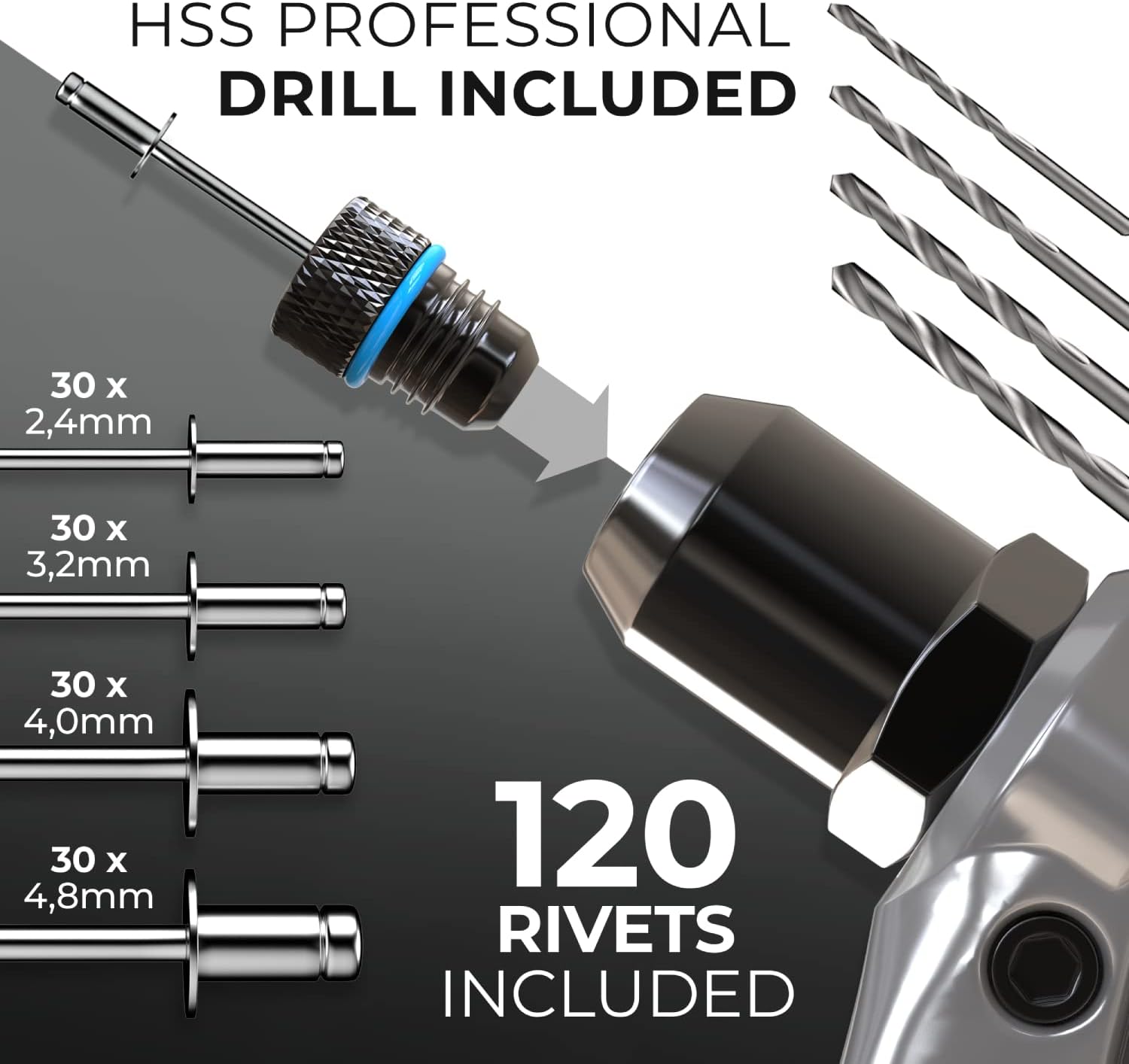KLRStec® Professional Rivet Gun Kit incl. 120 Pop Rivets and 4 HSS Drills - High Quality Pop Rivet Tool Kit for Processing Pop Rivets