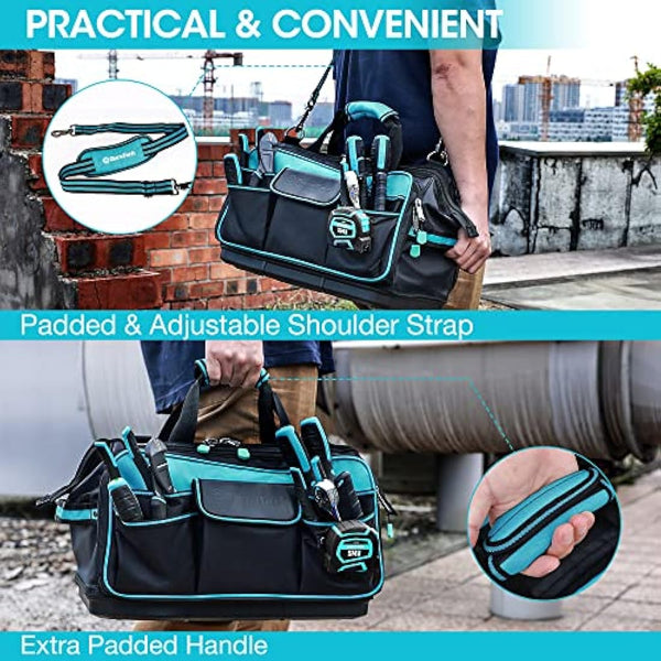 DURATECH Tool Bag 17-inch, 32 Pockets Large Tool Bag, Hard Base Wide Open Mouth Storage Bag, 840D Heavy Duty Tool Bags with Adjustable Shoulder Strap, Suitable for Household and Maintenance Personnel