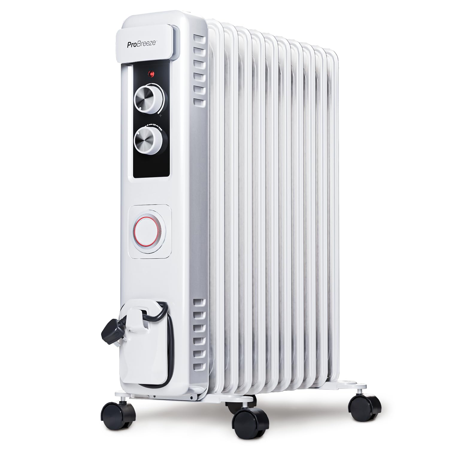 Pro Breeze Oil Filled Radiator with 11 Fins - Slim Electric Radiator - Portable Oil Heater with Built-in 24 Hour Timer, 3 Heat Settings, Adjustable Thermostat (White)