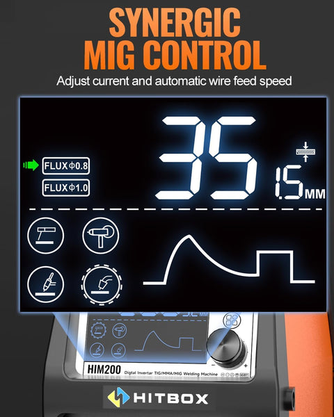 HITBOX 200A Portable MIG Welder 240V, Gasless 4-in-1 Digital Upgraded MIG/Flux Core/ARC/Lift TIG/Spool Gun Inverter Welding Machine with Ultra LED Display (HIM200)