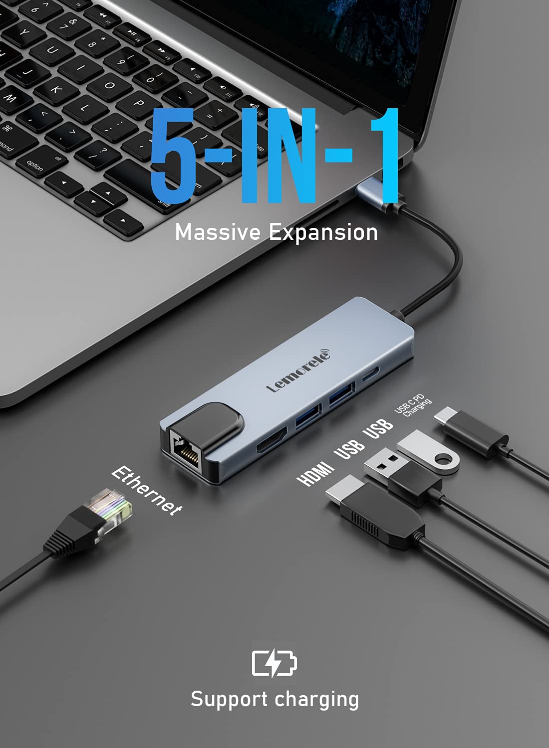 Lemorele 6-in-1 USB C Hub with 4K HDMI, Ethernet, 2 USB Ports, 100W PD Charging for MacBook Pro/Air M1, iPad Pro M1, Switch, Chromecast, PS4