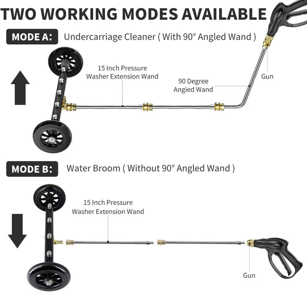 Dual-Function Undercarriage Cleaner,Surface Cleaner for Pressure Washer, 16 Inch, Underbody Car Wash Water Broom with 3 Pieces Extension Wand, 4000