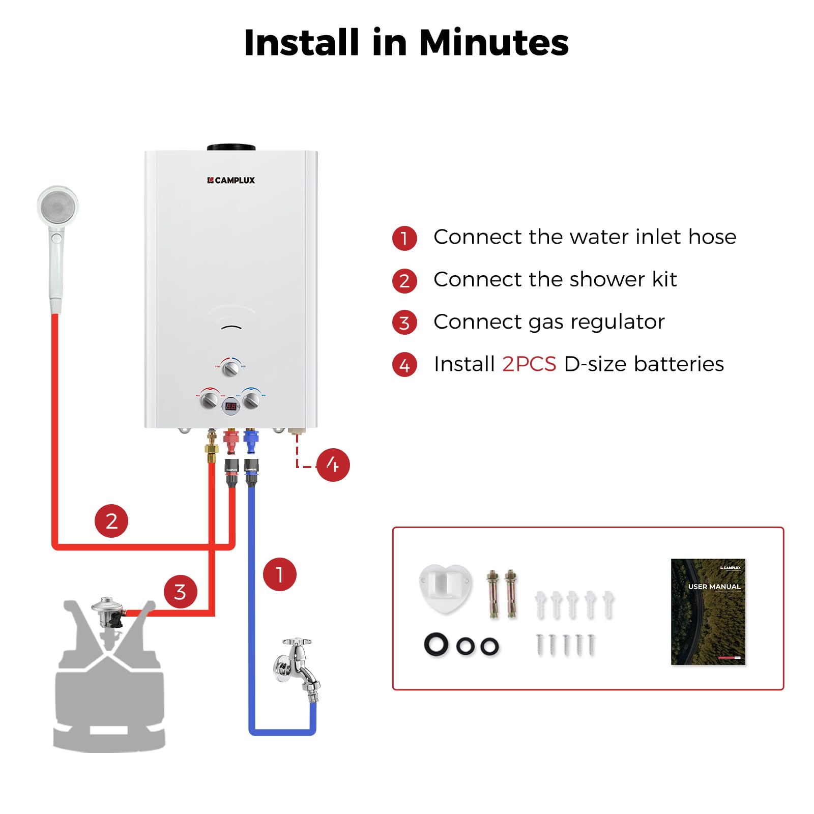 CAMPLUX Gas Water Heater 20 litres, Instant LPG Water Heater for Garden Shower, RV, Tiny House, ECO/Full Mode, BW Series BW528B