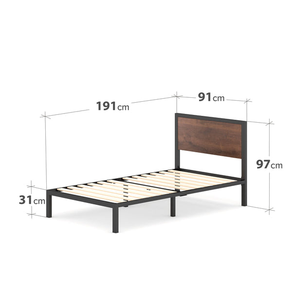 Zinus Mory Single Bed frame - Bed 90x190 cm - 30 cm Height - Metal and Wood Platform Bed frame with Wood slat support - Brown and Black