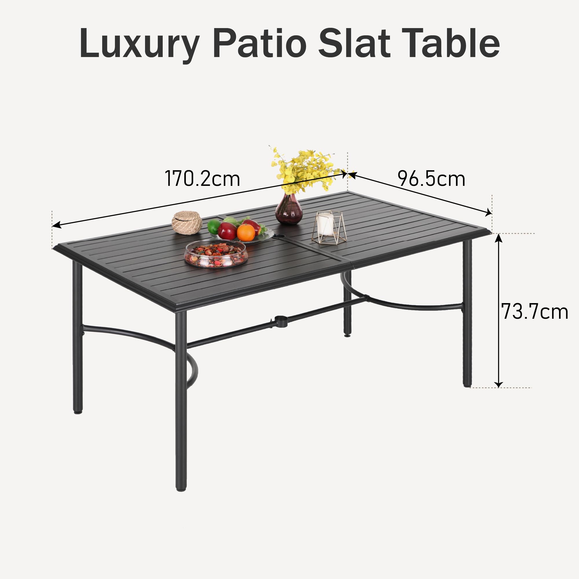 PHIVILLA Garden Table for 6 Person 150 * 90cm Patio Outdoor Table Rust Proof Steel Frame with 4 cm Parasol Hole Outdoor Furniture Garden Dining Table Maintenance Free Black