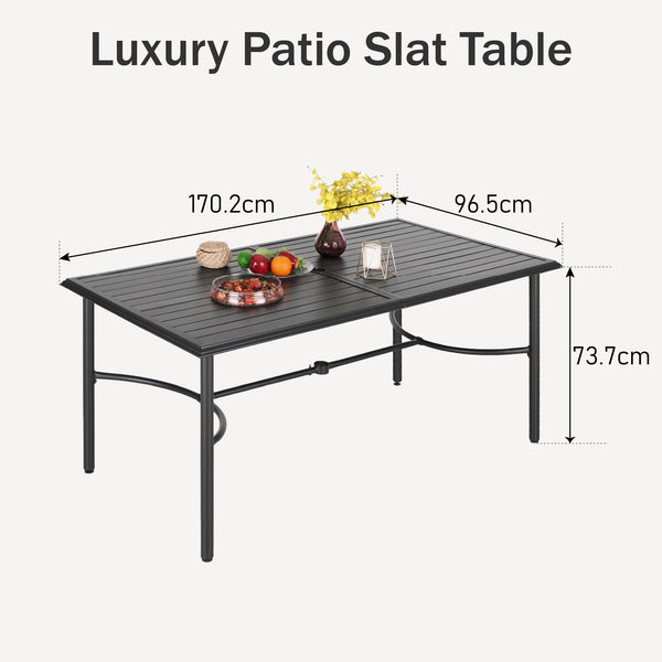 PHIVILLA Garden Table for 6 Person 150 * 90cm Patio Outdoor Table Rust Proof Steel Frame with 4 cm Parasol Hole Outdoor Furniture Garden Dining Table Maintenance Free Black