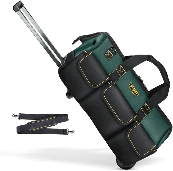 WINHUNT 22'' Rolling Tool Bag with Wheels, Adjustable Telescopic Handle Tool Bag Trolley Wide Mouth Storage Organizer, Green