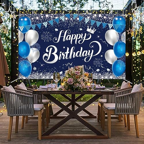 Happy Birthday Banner - 1.1 x 1.8m Blue Silver Backdrop, Decorations for Boys & Girls, Perfect for Birthday & Anniversary Parties