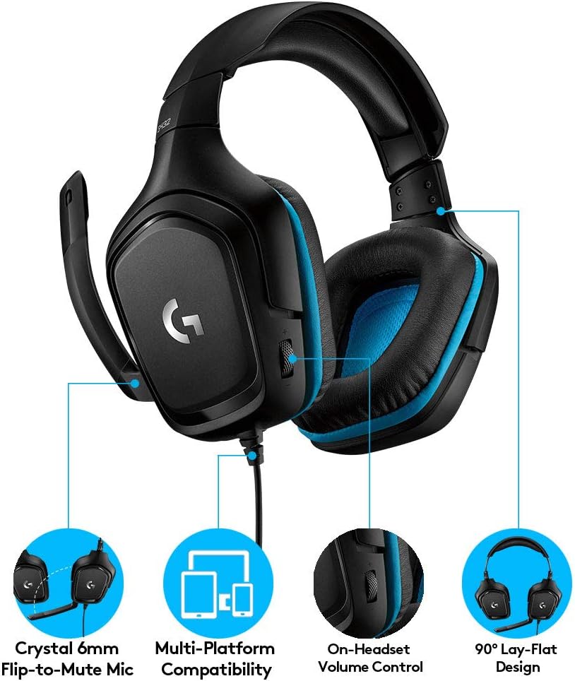 Logitech G432 Wired Gaming Headset, 7.1 Surround Sound, DTS Headphone:X 2.0, 50 mm Audio Drivers, USB and 3.5 mm Audio Jack, Flip-to-Mute Mic, Lightweight, PC/Mac/Xbox One/PS4/Nintendo Switch - Black