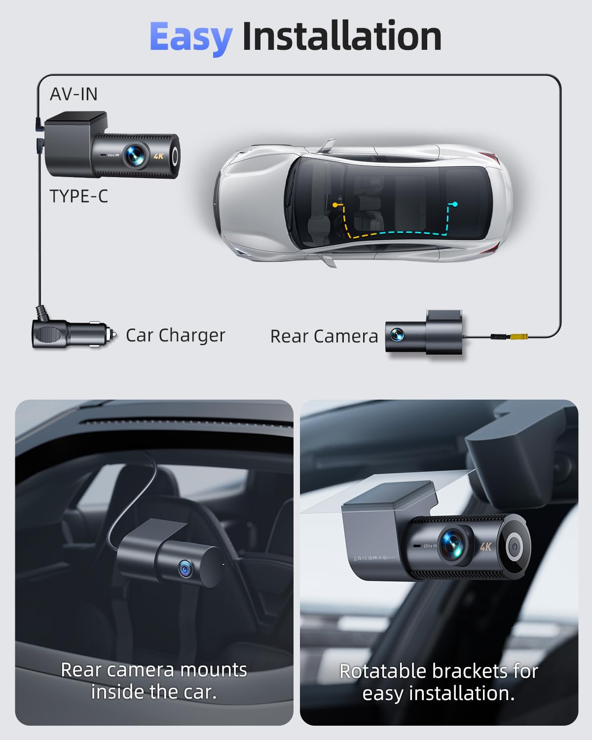 Dash Cam Front and Rear, 4K Dashcam with 64GB SD Card, 1.5'' IPS Display Dual Car Camera with 5GHz Wi-Fi, 24/7 Parking Mode, G-Sensor, Night Vision, 170° Wide Angle, Loop Recording, App Control