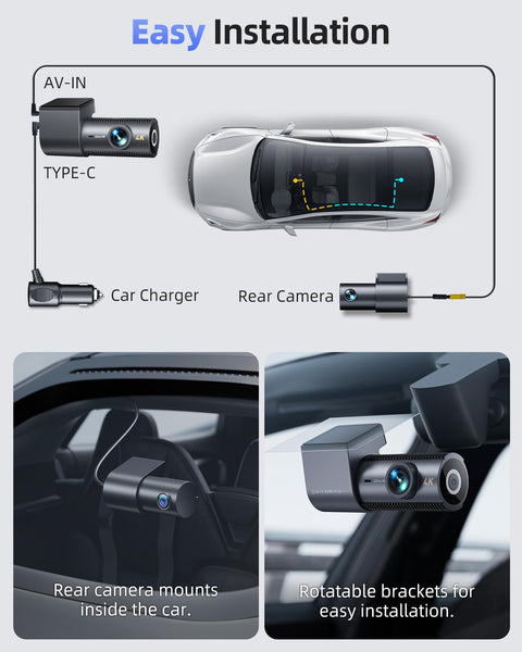 Dash Cam Front and Rear, 4K Dashcam with 64GB SD Card, 1.5'' IPS Display Dual Car Camera with 5GHz Wi-Fi, 24/7 Parking Mode, G-Sensor, Night Vision, 170° Wide Angle, Loop Recording, App Control