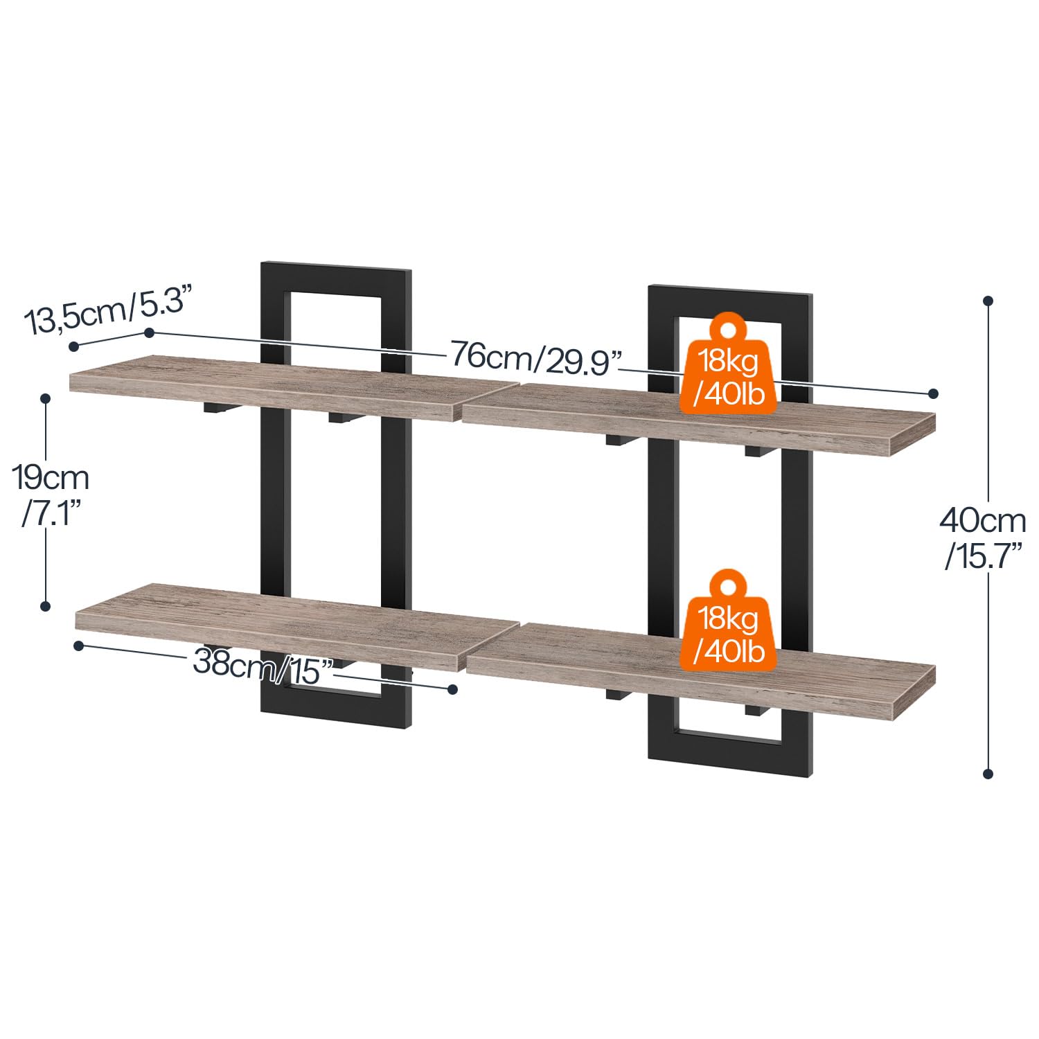HOOBRO Floating Shelves, Wall Shelves Set of 2, Wall Mounted Storage Shelves 2-Tier, Wall Display Racks, Hanging Bathroom Shelves, for Kitchen, Living