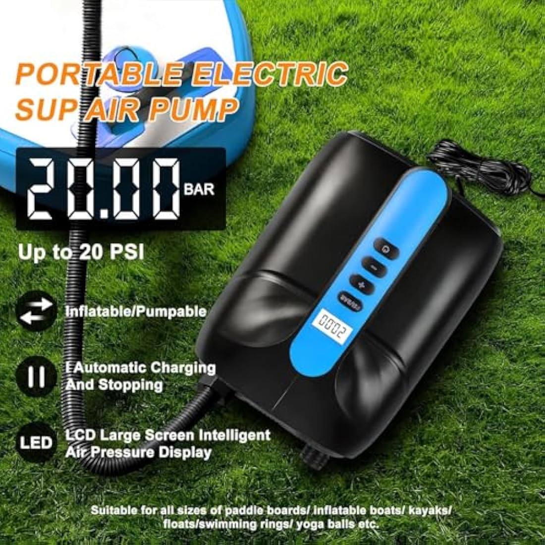 20PSI Electric Paddle Board Pump,Sup Pump Electric DC12V,Dual Stage Quick Air Inflator & Auto-Off,Suitable for Inflation/Deflation Stand Up Paddle Board,kayaks,Tent,Boats,Water Sports