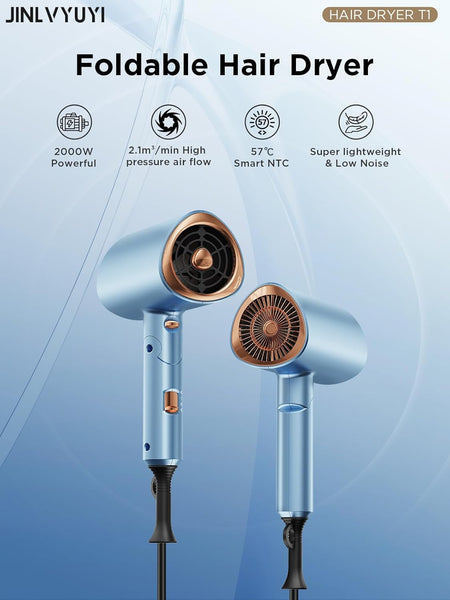 Foldable Ionic Hair Dryer 2000W Professional Blow Dryer with 2 Speed 3 Heat, Cool Shot, Diffuser & Concentrator, Styling Combs, for Men & Women, Blue