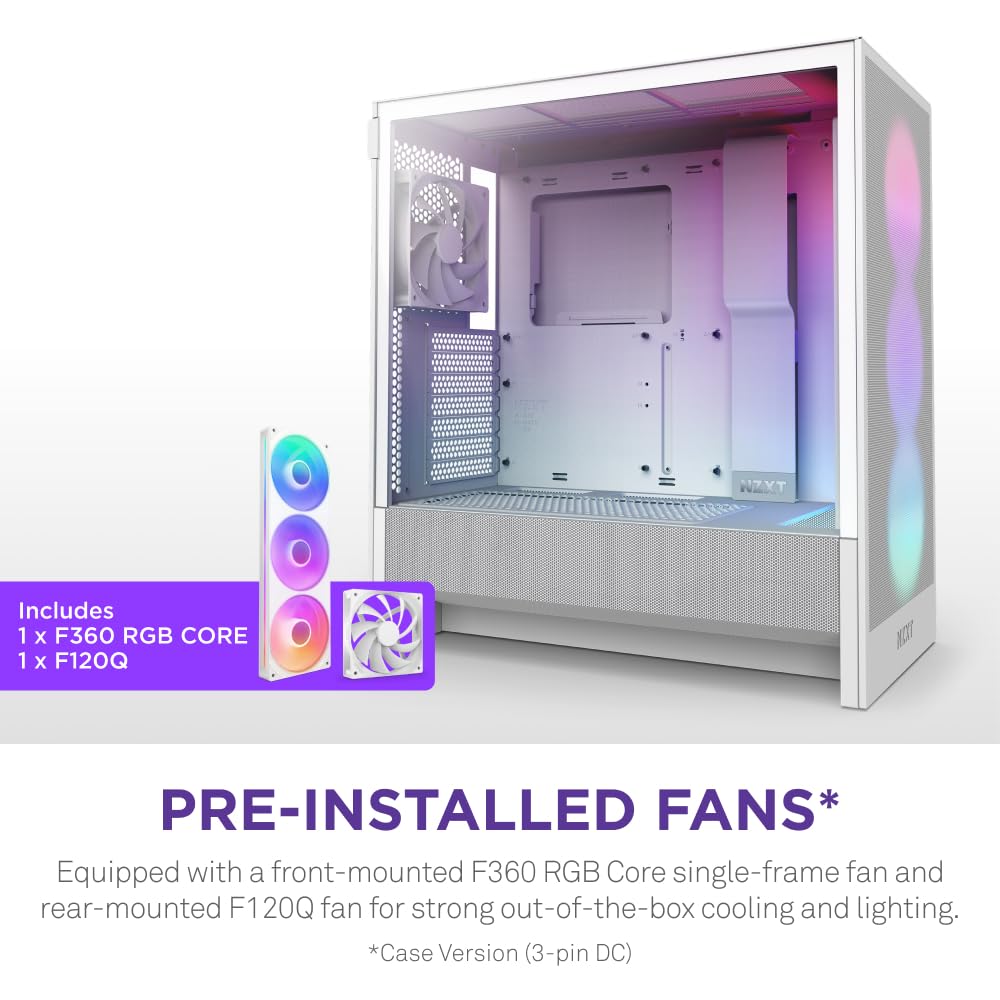 NZXT H5 Flow RGB - Compact ATX Mid-Tower PC Gaming Case - High Airflow - F360 RGB Core (CV) Included - 360mm Front & 240mm Top Radiator Support - Cable Management - Tempered Glass - White