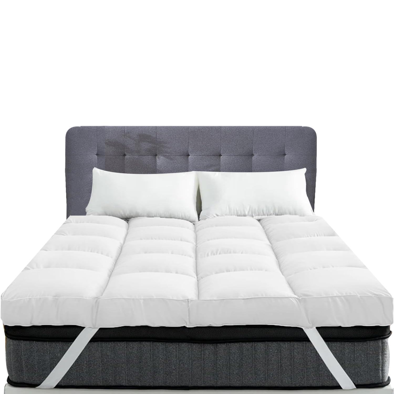 Mattress Topper Double Bed - 10CM Extra Thick Double Mattress Topper - 1000GSM Filling Fiber - Luxurious Comfort, Hypoallergenic, Elastic Straps Deep Pocket Thick