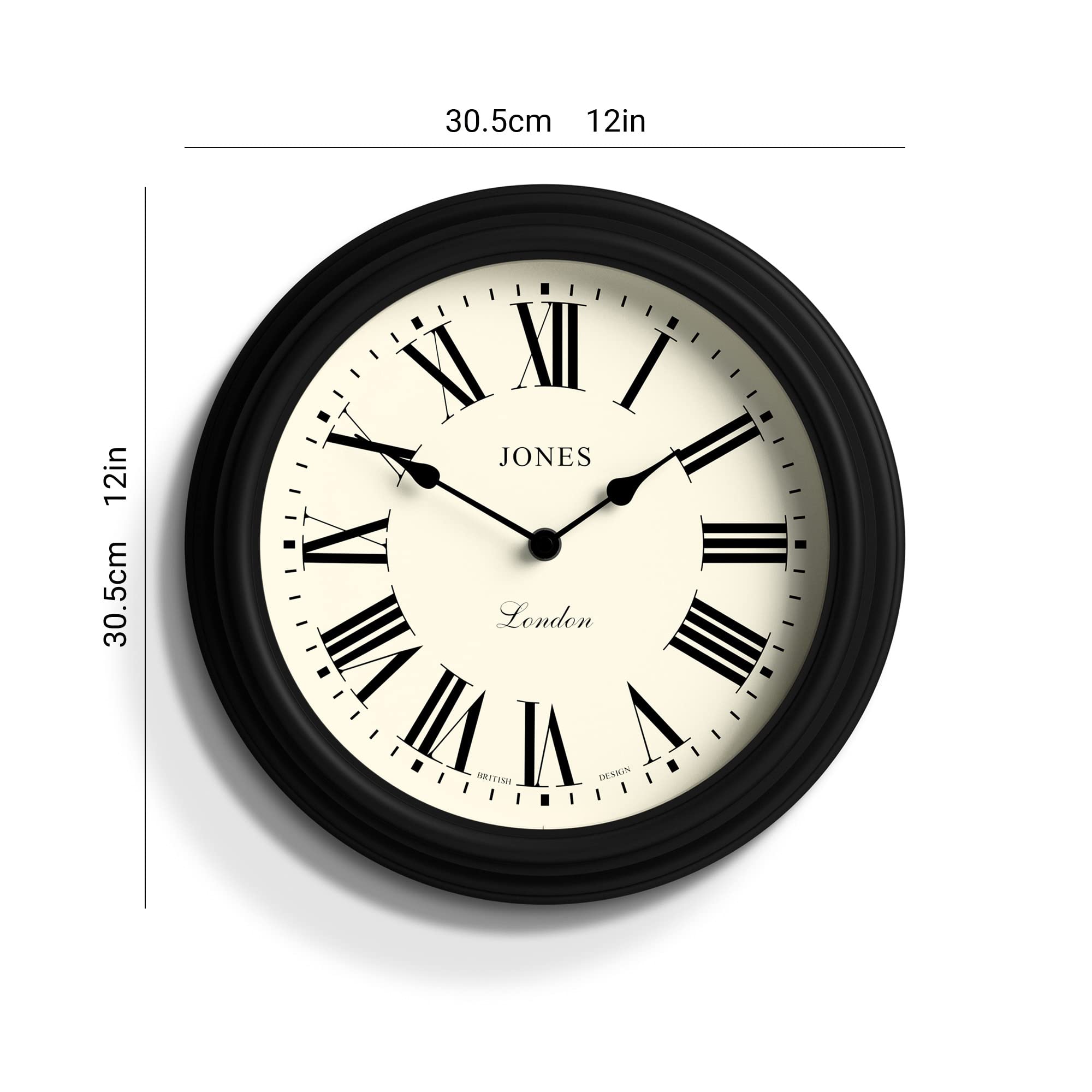 Jones Clocks Venetian wall clock | Classic round clock | 30cm | Black | Roman numerals | Traditional design ideal for kitchen, living room or bedroom