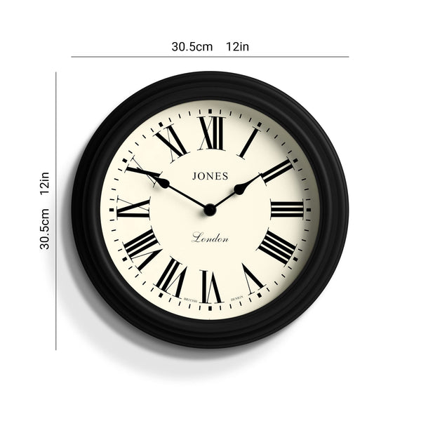 Jones Clocks Venetian wall clock | Classic round clock | 30cm | Black | Roman numerals | Traditional design ideal for kitchen, living room or bedroom