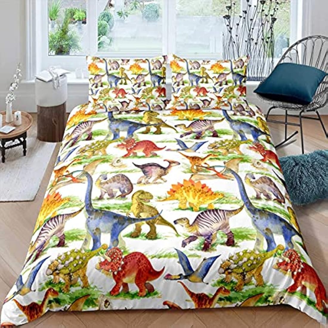 Dinosaur Bed Linen Cartoon Animals Bedding Set for Boys Girls Kids Children's Watercolor Dinosaur on White Decor Reversible Comforter Cover 3 Piece include 1 Duvet Cover 2 Pillowcases Double