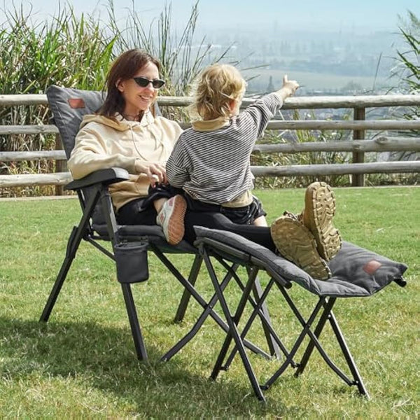 EVER ADVANCED Luxury Camping Chairs 2 Set for Adults Heavy Duty High Back Oversized Folding Garden Chair Comfy Padded 6cm Loadable 150kg Adjustable Dining Chairs 4-Position Recliner Chair Grey