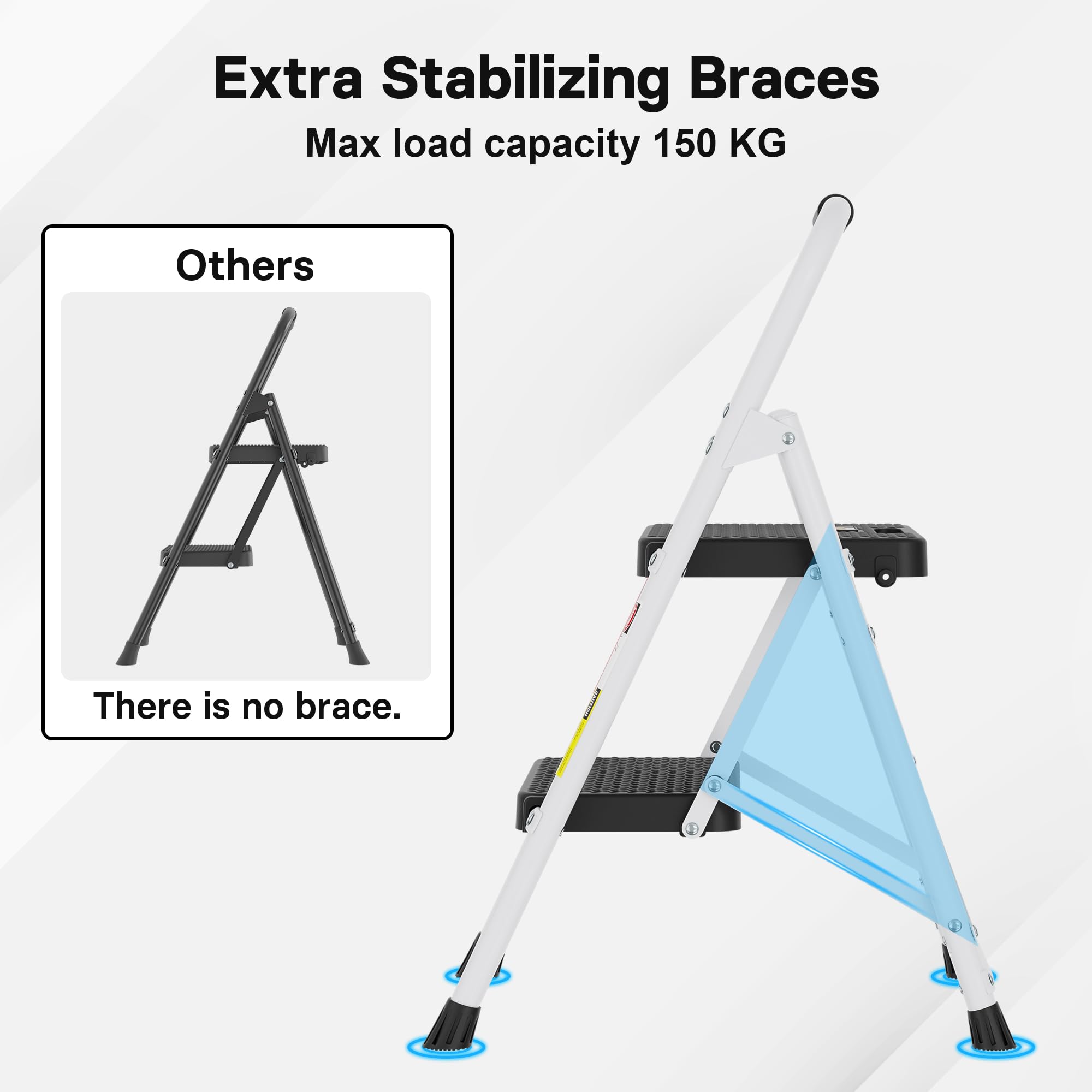 BONTEC 4 Step Ladder Folding, Heavy Duty Foldable Step Stool with Wide Anti-Slip Pedals, Sponge Handrail and Tool Tray, Portable Household Ladder 150kg Capacity, Compact Collapsible Indoor Ladder