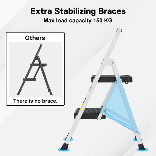 BONTEC 4 Step Ladder Folding, Heavy Duty Foldable Step Stool with Wide Anti-Slip Pedals, Sponge Handrail and Tool Tray, Portable Household Ladder 150kg Capacity, Compact Collapsible Indoor Ladder