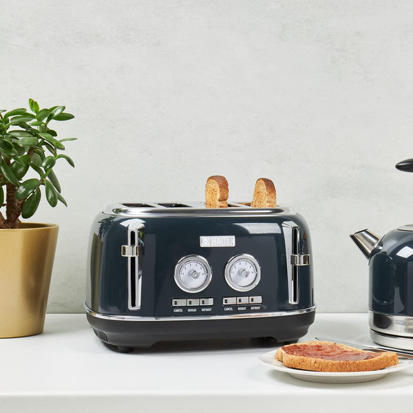 Haden Jersey Steel Blue Toaster 4 Slice  Dual Control With Adjustable Browning Controls - Self Centring Function - Reheat And Defrost Functions