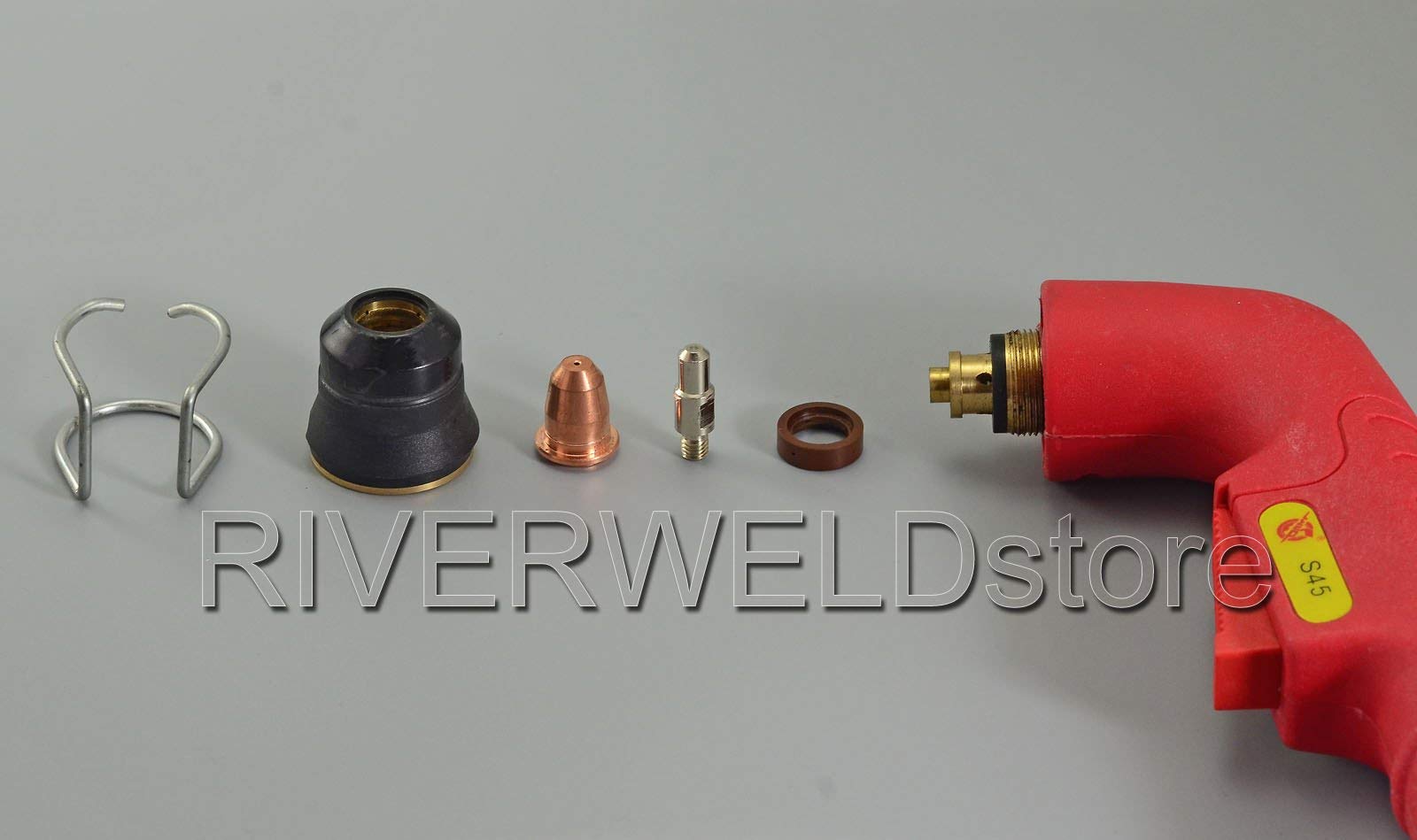 RIVERWELD S45 Plasma Torch Head OEM and Plasma Electrode PR0110 Plasma Tips 0.8 PD0116-08 Outside Nozzle Retaining Cap PC0116 Air Diffuser PE0106 Stand Off Guide CV0010 kit 22pcs