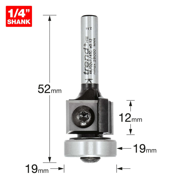 Trend Professional Guided Trimmer, 1/2 Inch Shank, 12.7mm Cut Diameter, 50mm Cut Length, Tungsten Carbide Tipped, 46/23X1/2TC