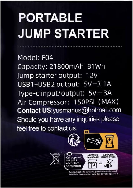 Jump Starter Power Pack with Air Compressor, 7000A 150PSI Portable Car Battery Booster (All Petrol/10L Diesel), 12V Car Jump Starter Power Bank with Jump Leads, LCD Screen, 2 LED Light