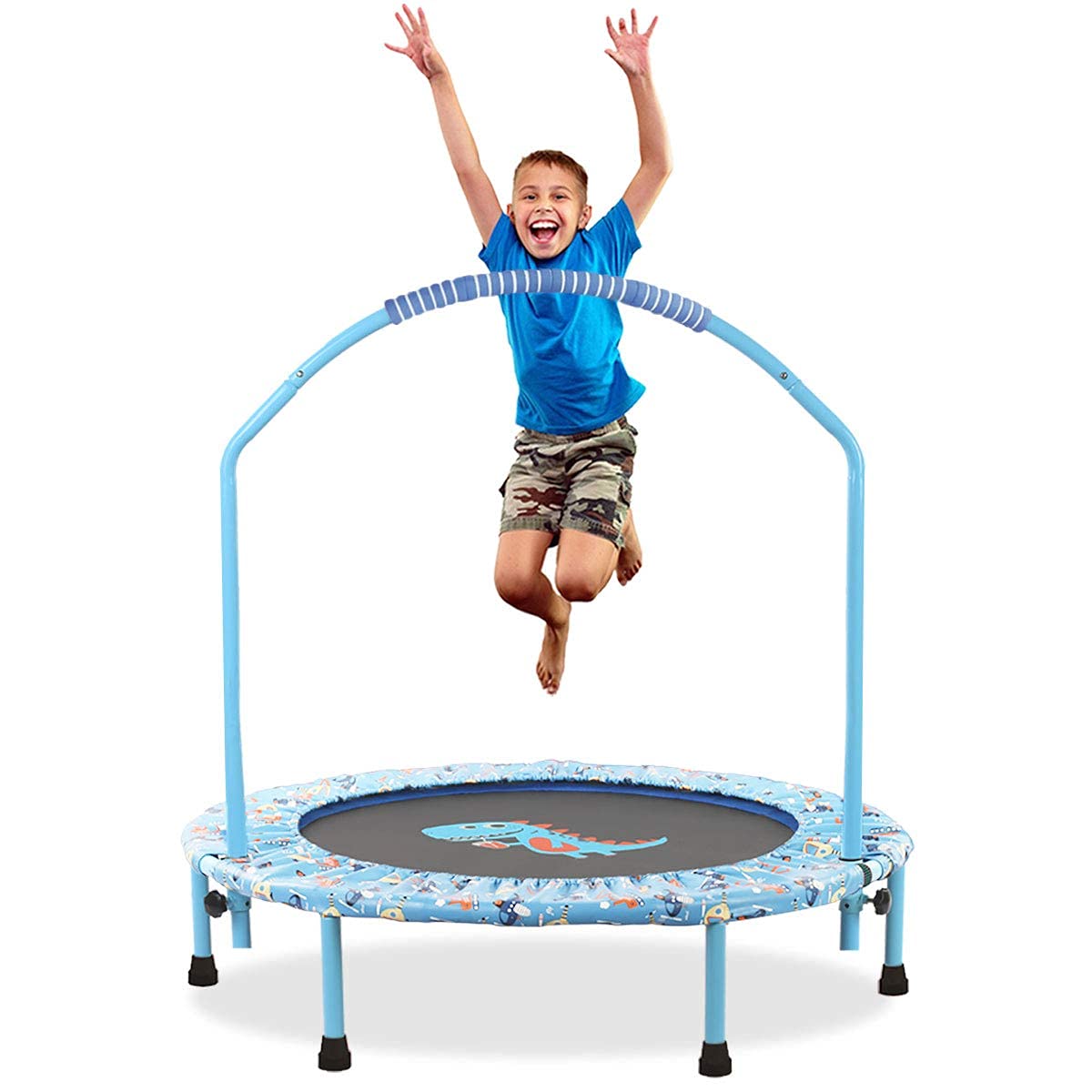 38'' Kids Trampoline Mini Foldable Fitness Trampoline with Adjustable Handrail and Safety Padded Cover Exercise Foldable Bungee Rebounder Indoor