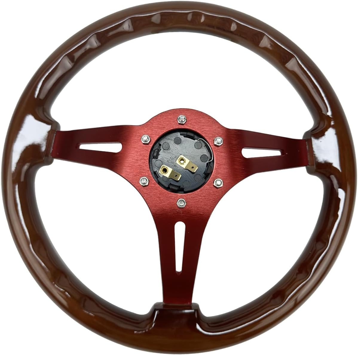 Hiracing 14" Universal Classic Wood Grain Steering Wheel Brushed 3 Spoke 1.5 Depth Steering Wheel with Horn Button 6 bolts (010)