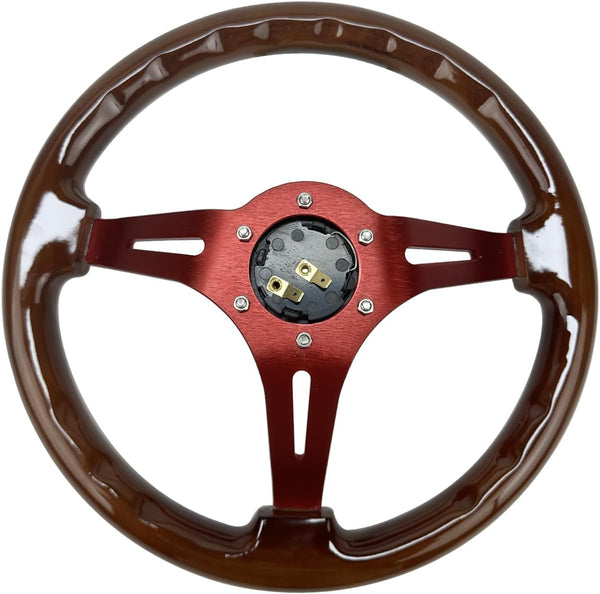 Hiracing 14" Universal Classic Wood Grain Steering Wheel Brushed 3 Spoke 1.5 Depth Steering Wheel with Horn Button 6 bolts (010)