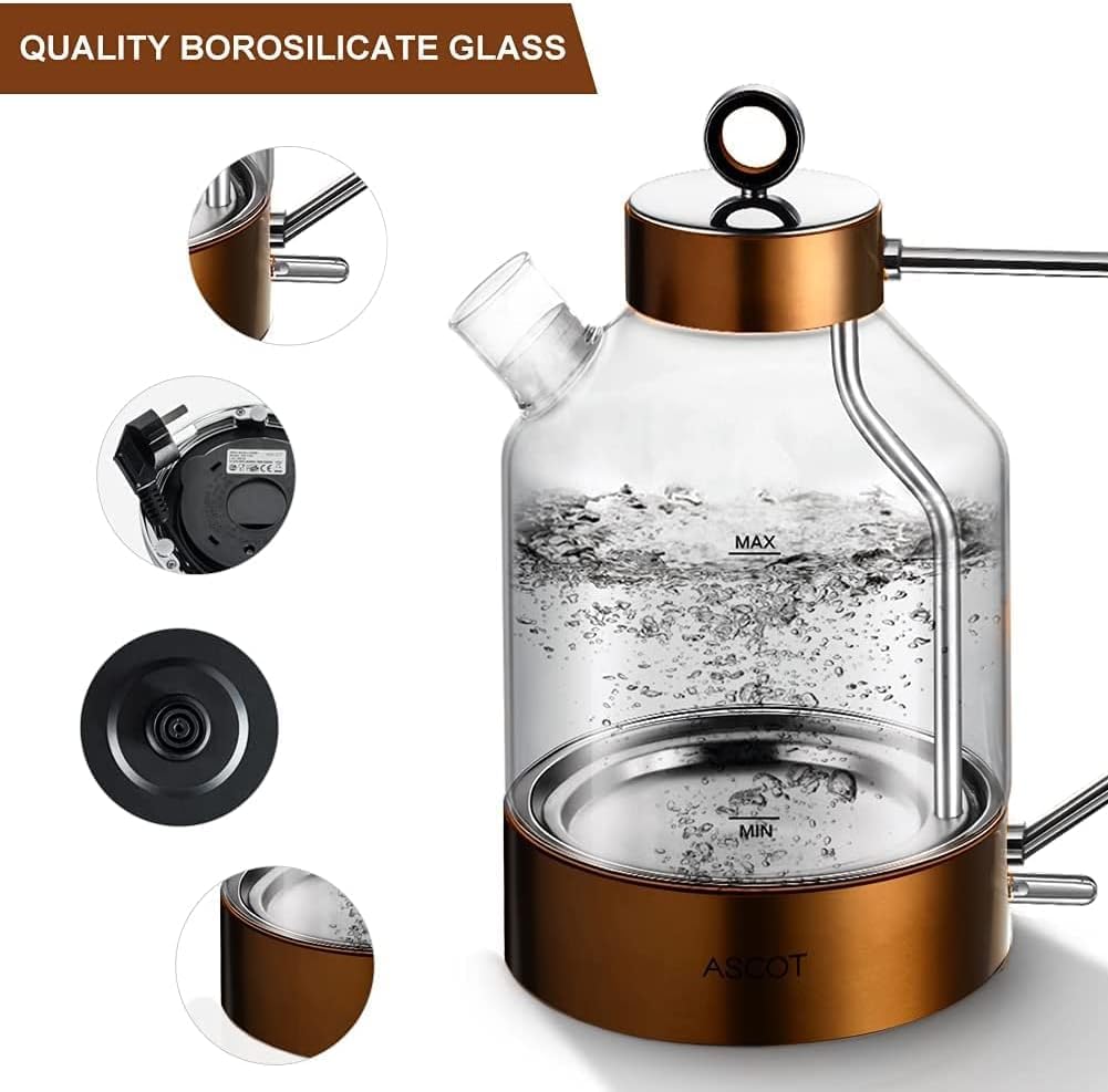 Electric Kettle, ASCOT Glass Electric Tea Kettle 1.5L 2200W Tea Heater & Hot Water Boiler, Borosilicate Glass, Auto Shut-Off and Boil-Dry Protection