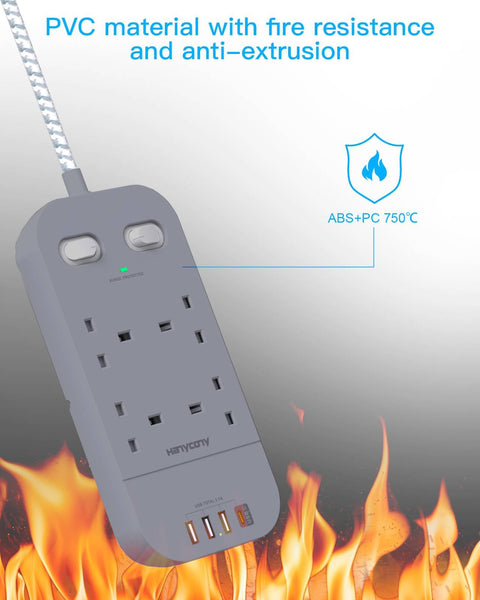 4 Way Surge Protected Extension Lead with USB Slots, HANYCONY Extension Cable with Double Switches, Plug Extension Socket 1.8M Braided Extension Cord for Home Office Accessories, Gray