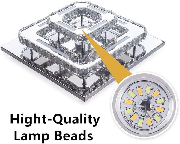 Finktonglan Modern Crystal LED Ceiling Light, 2-Square Chandelier Lamp Flush Mount Crystal Pendant Lighting Fixture for Dining Room Hallway Bar Kitchen Hotel Foyer Living Room, Cool White
