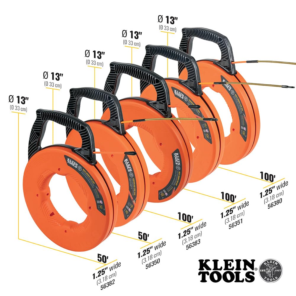 KLEIN TOOLS 56382 Fish Tape, Multi-Groove Fiberglass Wire Puller with Nylon Tip, Optimized Housing and Handle,Orange/Black, 15 m