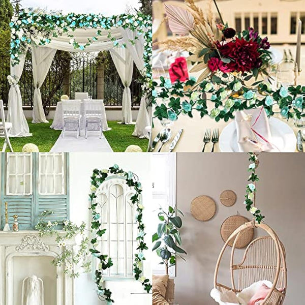 LumenTY 2 Pack 2.5 m Artificial Flower Vine Rose Garland Silk Fake Flowers Hanging Decor for Hotel Office Garden Home Party Wedding Festival Craft Art Decoration - Blue and White