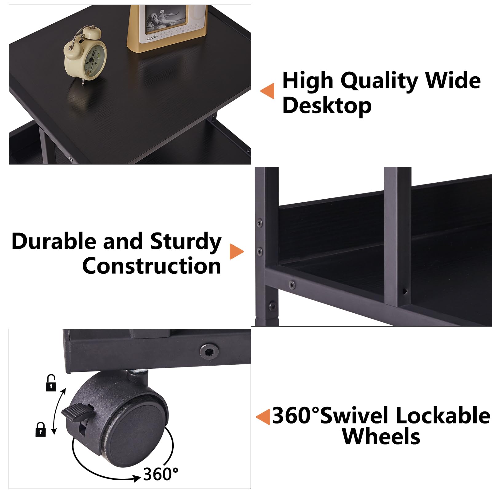 IBUYKE Black Printer Stand with Storage Shelf,3 Tier Printer Table with Wheels,Printer Cart for Home Office Organization, Rolling Cart Stand for Heat