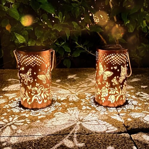 2 Pack Butterfly Solar Lanterns Outdoor Hanging Lantern Lights, Butterfly Hollowed-Out Metal Decor Lantern, Butterfly Garden Decoration for Patio, Yard